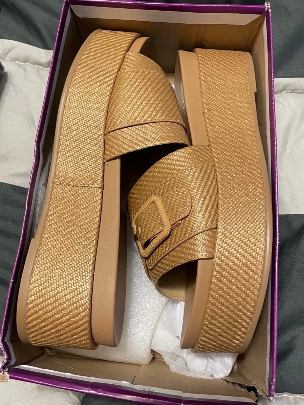 Soda Woven Platform Slide Sandals in Metallic Tan